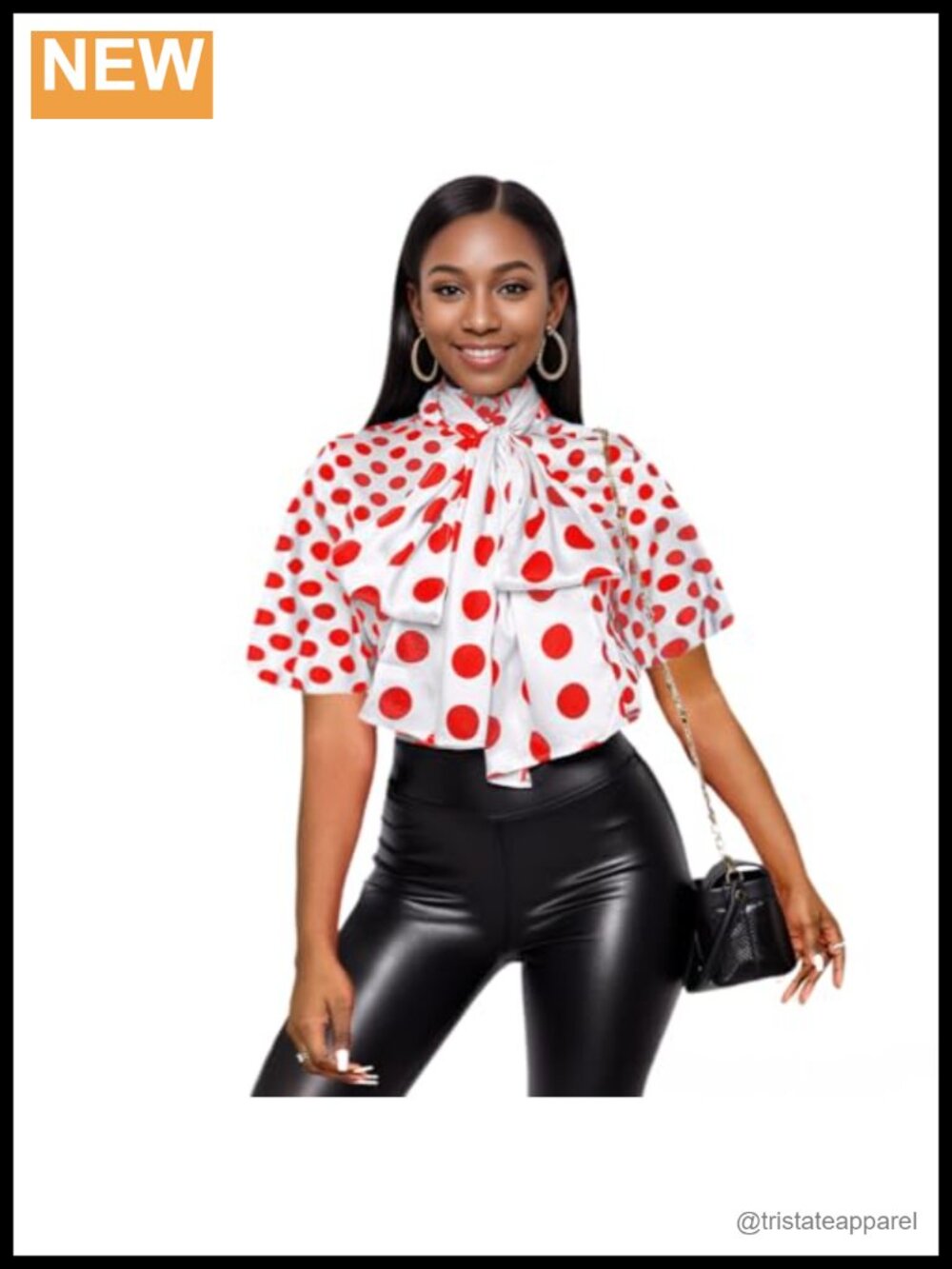 Polka Dot Bow Tie Ruffle Trim Button Up Long Sleeve Blouse for Women Workwear